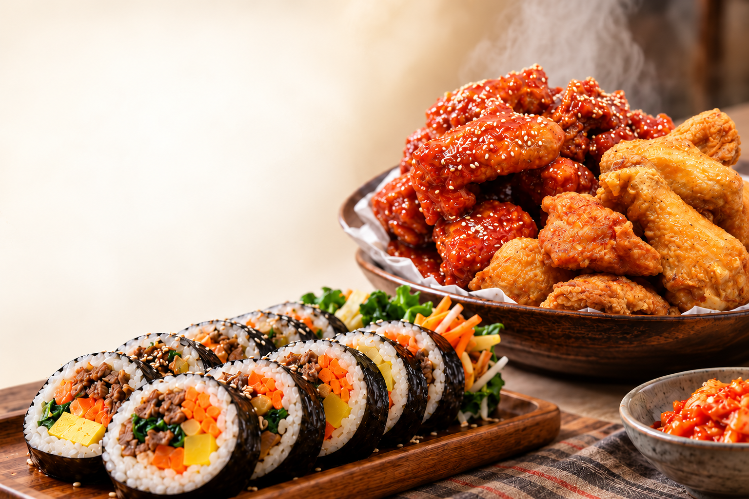 Our half fried and half sweet chicken in a ceramic bowl alongside sliced kimbap